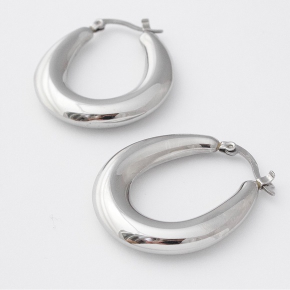 Modernist Stainless Steel Hoop Earrings Large Chunky Silver Tone Hoops - Picture 2 of 5